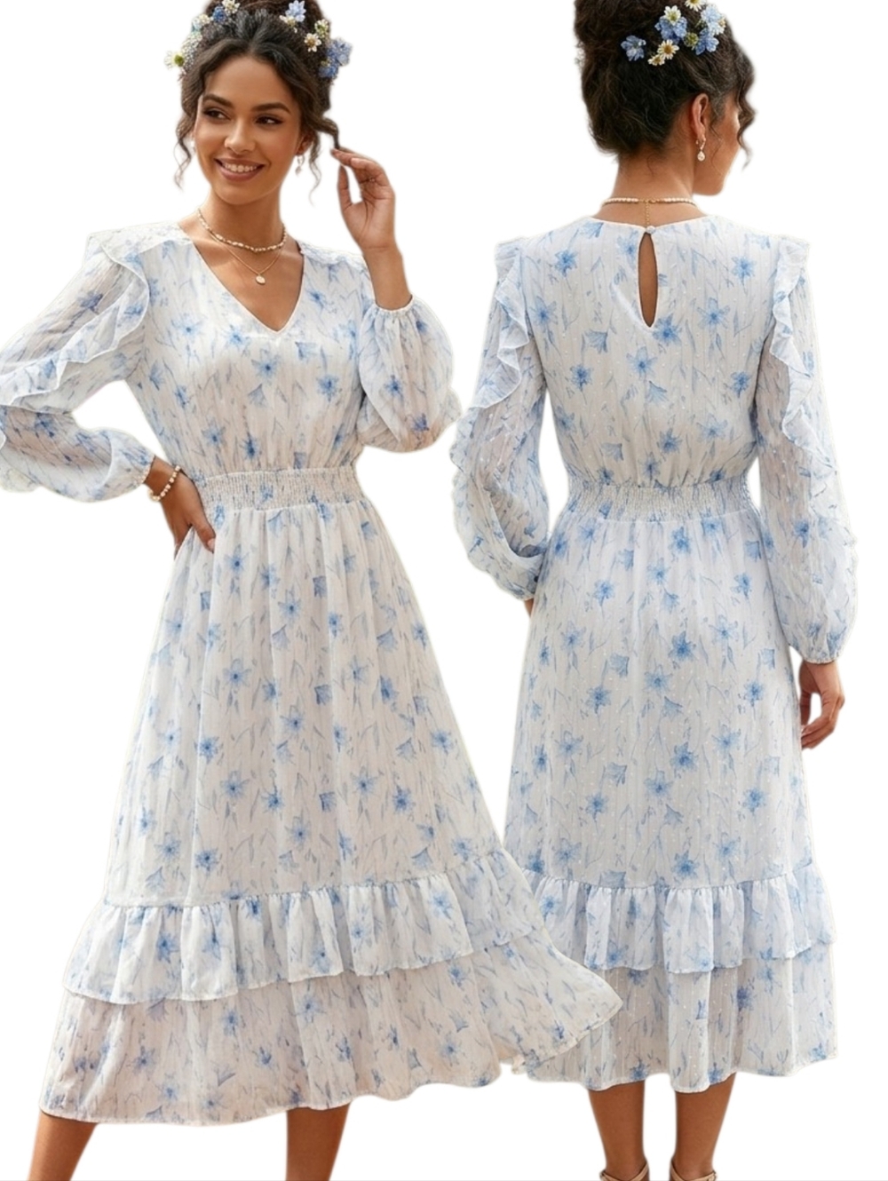 BY THE RIVER x ANTHROPOLOGIE Floral Print Boho Peairie Midi Dress - Size S
